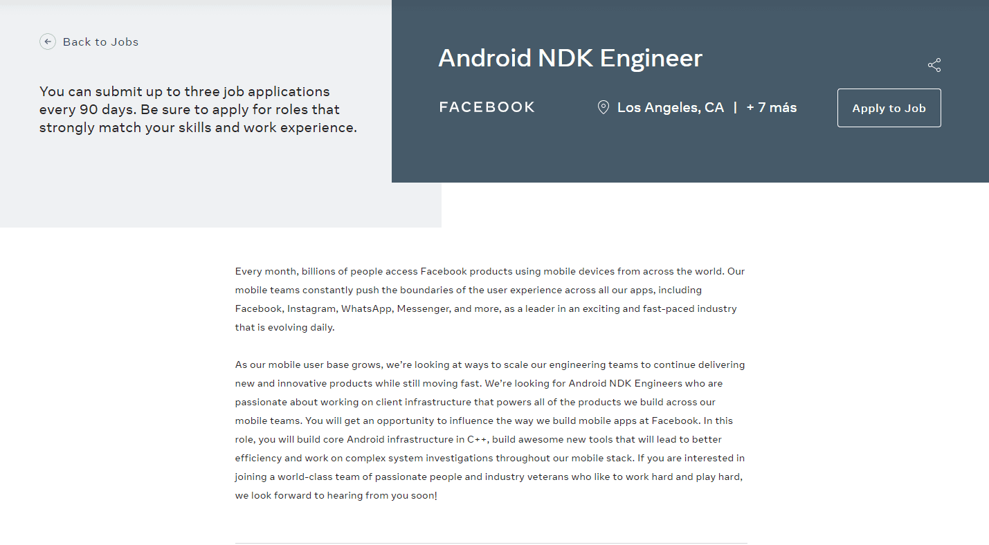 Oferta de trabajo para Android NDK de Facebook